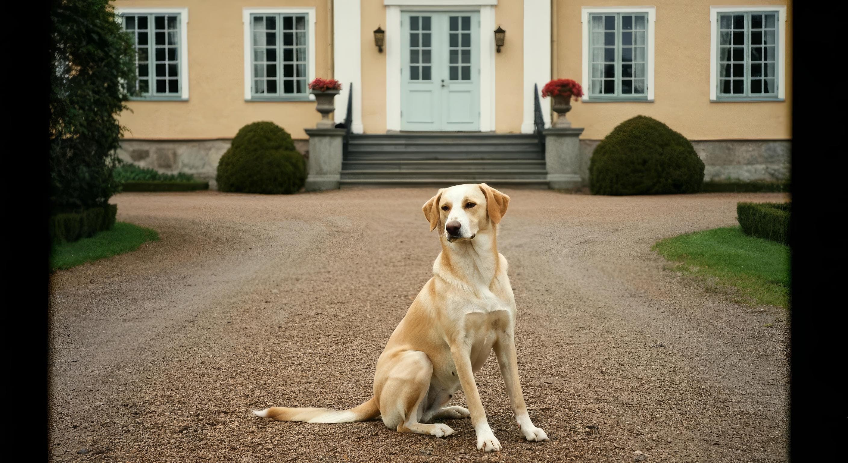 Dog sitting on gravel path